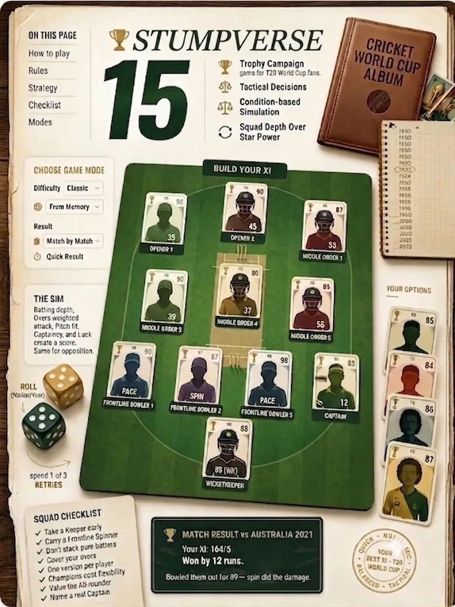StumpVerse at a glance: a cricket-album-style board showing a 15-man T20 World Cup squad built into an XI on the pitch, the game-mode and difficulty options, the roll-and-retry draft, a squad checklist, and a simulated match result.