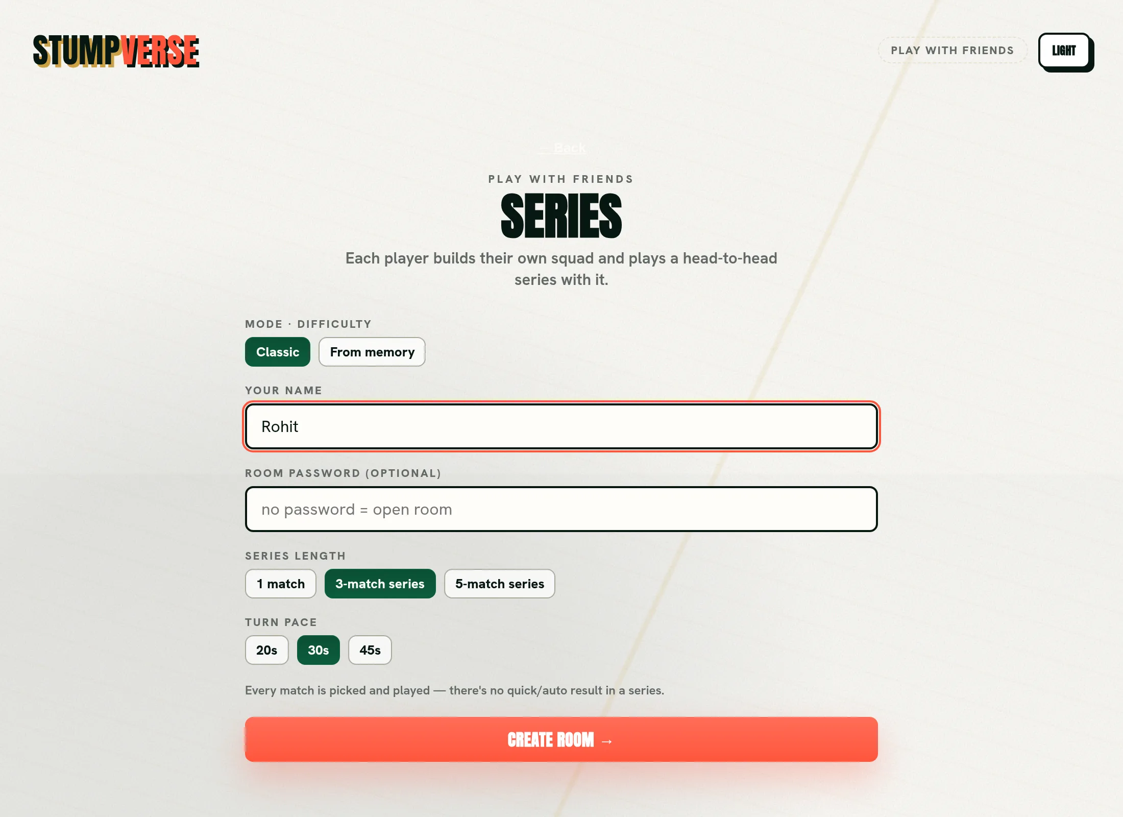 StumpVerse multiplayer room setup screen: choose Classic or From memory, enter a display name, set an optional room password, pick a series length of 1, 3, or 5 matches and a turn pace, then create the room.